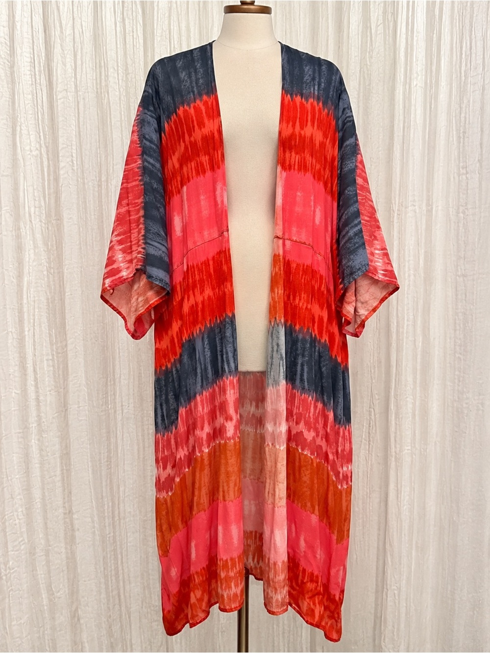 Tie-Dye Open Front Swim Coverup Kimono in Navy, Pink & Red